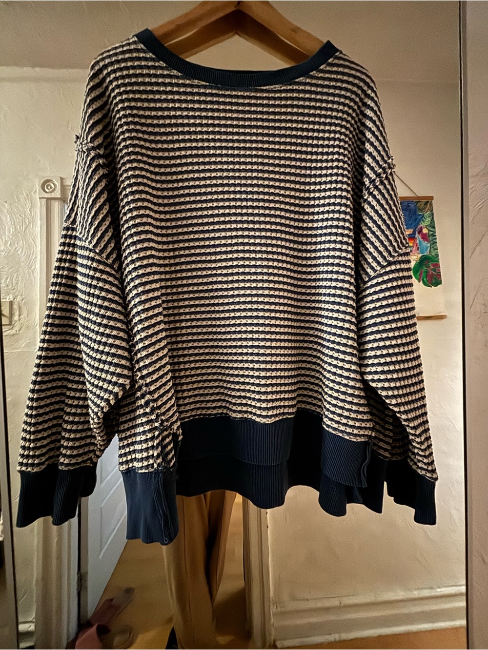 American Eagle Outfitters Navy & White Striped Waffle Crewneck Pullover, MEDUIM - Picture 8 of 16